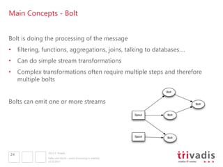 Main Concepts - Bolt
Bolt is doing the processing of the message
•  filtering, functions, aggregations, joins, talking to ...