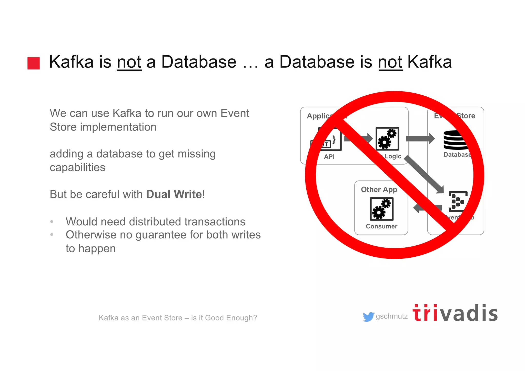 gschmutz
Event Store
Kafka is not a Database … a Database is not Kafka
We can use Kafka to run our own Event
Store implementation
adding a database to get missing
capabilities
But be careful with Dual Write!
• Would need distributed transactions
• Otherwise no guarantee for both writes
to happen
Application
{ }
API DatabaseBiz Logic
REST
Event Hub
Kafka as an Event Store – is it Good Enough?
Other App
Consumer
 