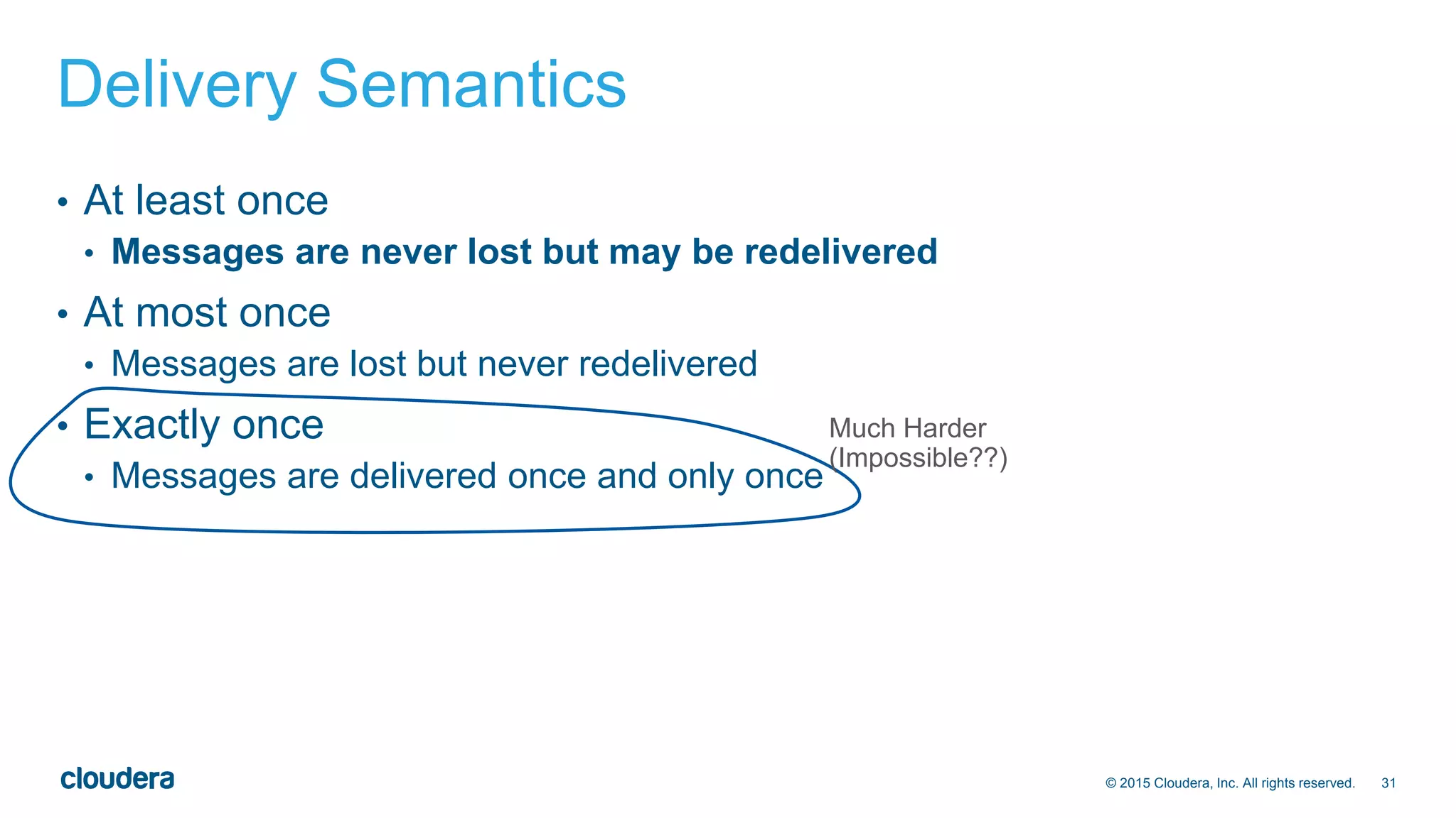 31© 2015 Cloudera, Inc. All rights reserved.
Delivery Semantics
• At least once
• Messages are never lost but may be redelivered
• At most once
• Messages are lost but never redelivered
• Exactly once
• Messages are delivered once and only once
Much Harder
(Impossible??)
 
