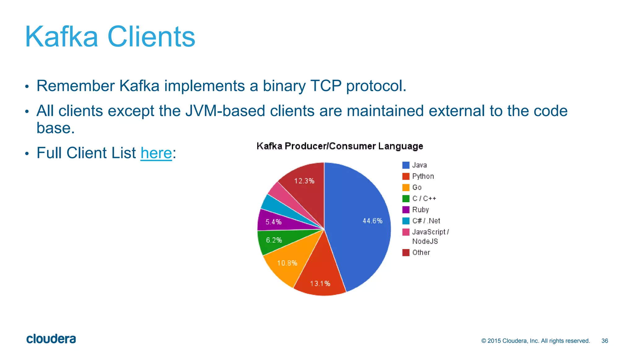 36© 2015 Cloudera, Inc. All rights reserved.
Kafka Clients
• Remember Kafka implements a binary TCP protocol.
• All clients except the JVM-based clients are maintained external to the code
base.
• Full Client List here:
 