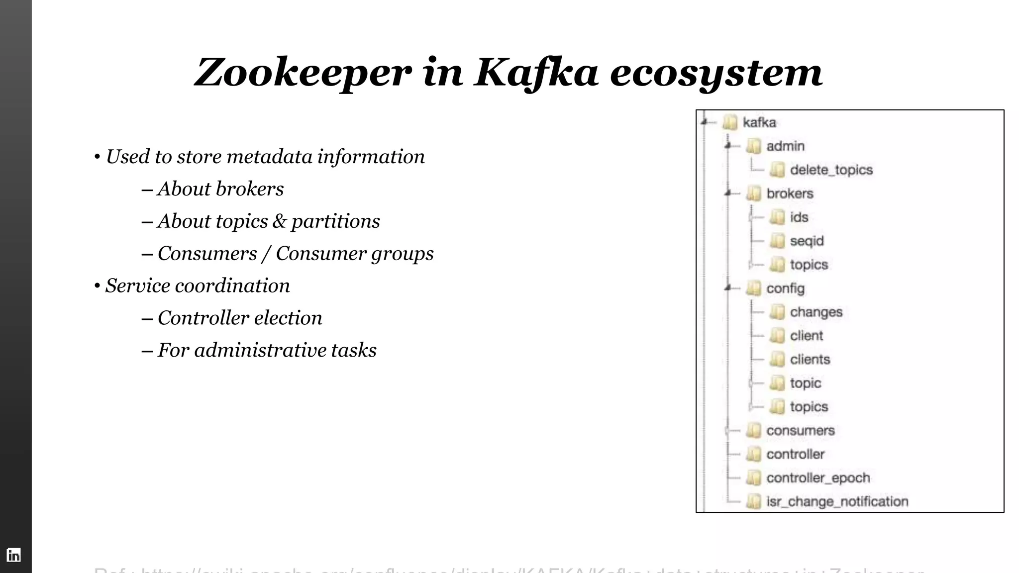 Zookeeper in Kafka ecosystem
• Used to store metadata information
– About brokers
– About topics & partitions
– Consumers / Consumer groups
• Service coordination
– Controller election
– For administrative tasks
 