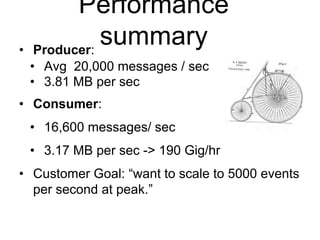 © 2013 Impetus Technologies - Confidential11
Performance
summary• Producer:
• Avg 20,000 messages / sec
• 3.81 MB per sec
• Consumer:
• 16,600 messages/ sec
• 3.17 MB per sec -> 190 Gig/hr
• Customer Goal: “want to scale to 5000 events
per second at peak.”
 