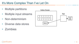 63
It’s More Complex Than I’ve Let On
• Multiple partitions
• Multiple input streams
• Non-determinism
• Diverse data stores
• Zombies
 