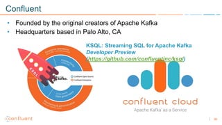 86
Confluent
• Founded by the original creators of Apache Kafka
• Headquarters based in Palo Alto, CA
KSQL: Streaming SQL for Apache Kafka
Developer Preview
(https://github.com/confluentinc/ksql)
 