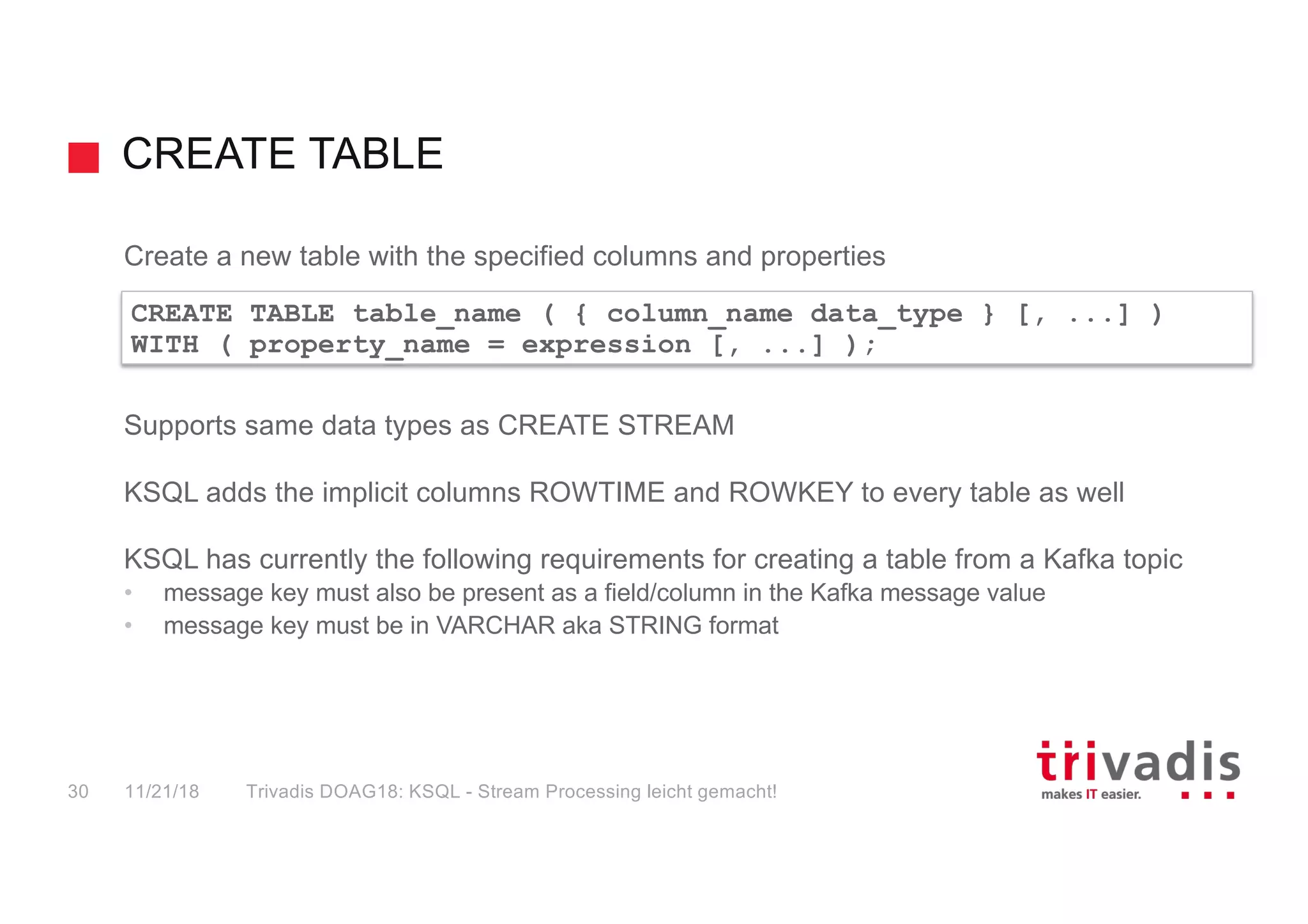 CREATE TABLE
Create a new table with the specified columns and properties
Supports same data types as CREATE STREAM
KSQL adds the implicit columns ROWTIME and ROWKEY to every table as well
KSQL has currently the following requirements for creating a table from a Kafka topic
• message key must also be present as a field/column in the Kafka message value
• message key must be in VARCHAR aka STRING format
CREATE TABLE table_name ( { column_name data_type } [, ...] )
WITH ( property_name = expression [, ...] );
11/21/18 Trivadis DOAG18: KSQL - Stream Processing leicht gemacht!30
 