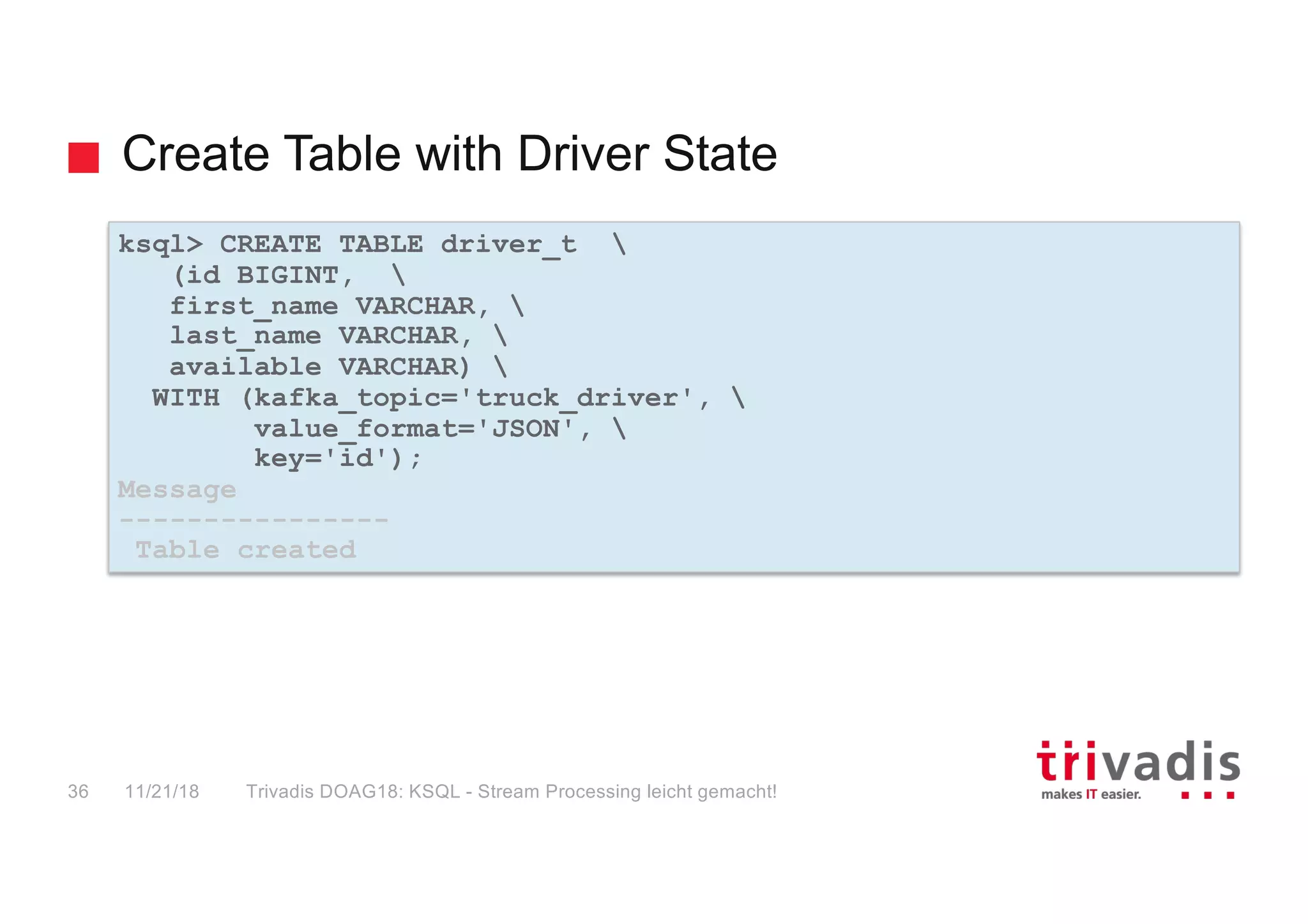 Create Table with Driver State
ksql> CREATE TABLE driver_t 
(id BIGINT, 
first_name VARCHAR, 
last_name VARCHAR, 
available VARCHAR) 
WITH (kafka_topic='truck_driver', 
value_format='JSON', 
key='id');
Message
----------------
Table created
11/21/18 Trivadis DOAG18: KSQL - Stream Processing leicht gemacht!36
 