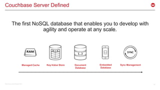©2015 Couchbase Inc. 16
Couchbase Server Defined
The first NoSQL database that enables you to develop with
agility and operate at any scale.
Managed Cache Key-Value Store Document
Database
Embedded
Database
Sync Management
 