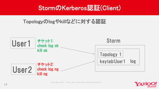 Copyrig ht © 2017 Yahoo Japan Corporation. All Rig hts Reserved.
StormのKerberos認証(Client)
Topologyのlogやkillなどに対する認証
17
Storm
Topology 1
keytab:User1 log
User1
チケット1:
check log ok
kill ok
User2
チケット2:
check log ng
kill ng
 