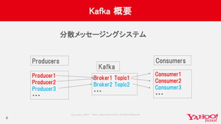 Copyrig ht © 2017 Yahoo Japan Corporation. All Rig hts Reserved.
Kafka 概要
分散メッセージングシステム
4
Kafka
Producers Consumers
Producer1
Producer2
Producer3
・・・
Consumer1
Consumer2
Consumer3
・・・
Broker1 Topic1
Broker2 Topic2
・・・
 