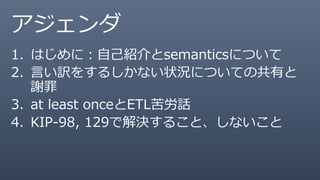 アジェンダ
1. はじめに：自己紹介とsemanticsについて
2. 言い訳をするしかない状況についての共有と
謝罪
3. at least onceとETL苦労話
4. KIP-98, 129で解決すること、しないこと
 