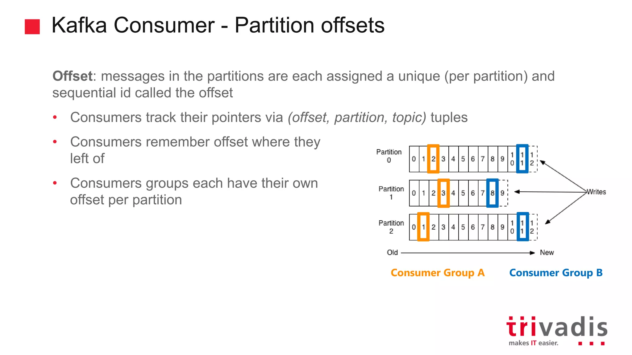 Kafka Consumer - Partition offsets Offset: messages in the partitions are each assigned a unique (per partition) and sequential id called the offset • Consumers track their pointers via (offset, partition, topic) tuples • Consumers remember offset where they left of • Consumers groups each have their own offset per partition Consumer Group A Consumer Group B 