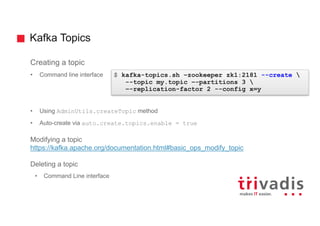 Kafka Topics
Creating a topic
• Command line interface
• Using AdminUtils.createTopic method
• Auto-create via auto.create.topics.enable = true
Modifying a topic
https://kafka.apache.org/documentation.html#basic_ops_modify_topic
Deleting a topic
• Command Line interface
$ kafka-topics.sh –zookeeper zk1:2181 --create 
--topic my.topic –-partitions 3 
–-replication-factor 2 --config x=y
 