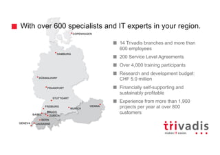 COPENHAGEN
MUNICH
LAUSANNE
BERN
ZURICH
BRUGG
GENEVA
HAMBURG
DÜSSELDORF
FRANKFURT
STUTTGART
FREIBURG
BASEL
VIENNA
With over 600 specialists and IT experts in your region.
14 Trivadis branches and more than
600 employees
200 Service Level Agreements
Over 4,000 training participants
Research and development budget:
CHF 5.0 million
Financially self-supporting and
sustainably profitable
Experience from more than 1,900
projects per year at over 800
customers
 