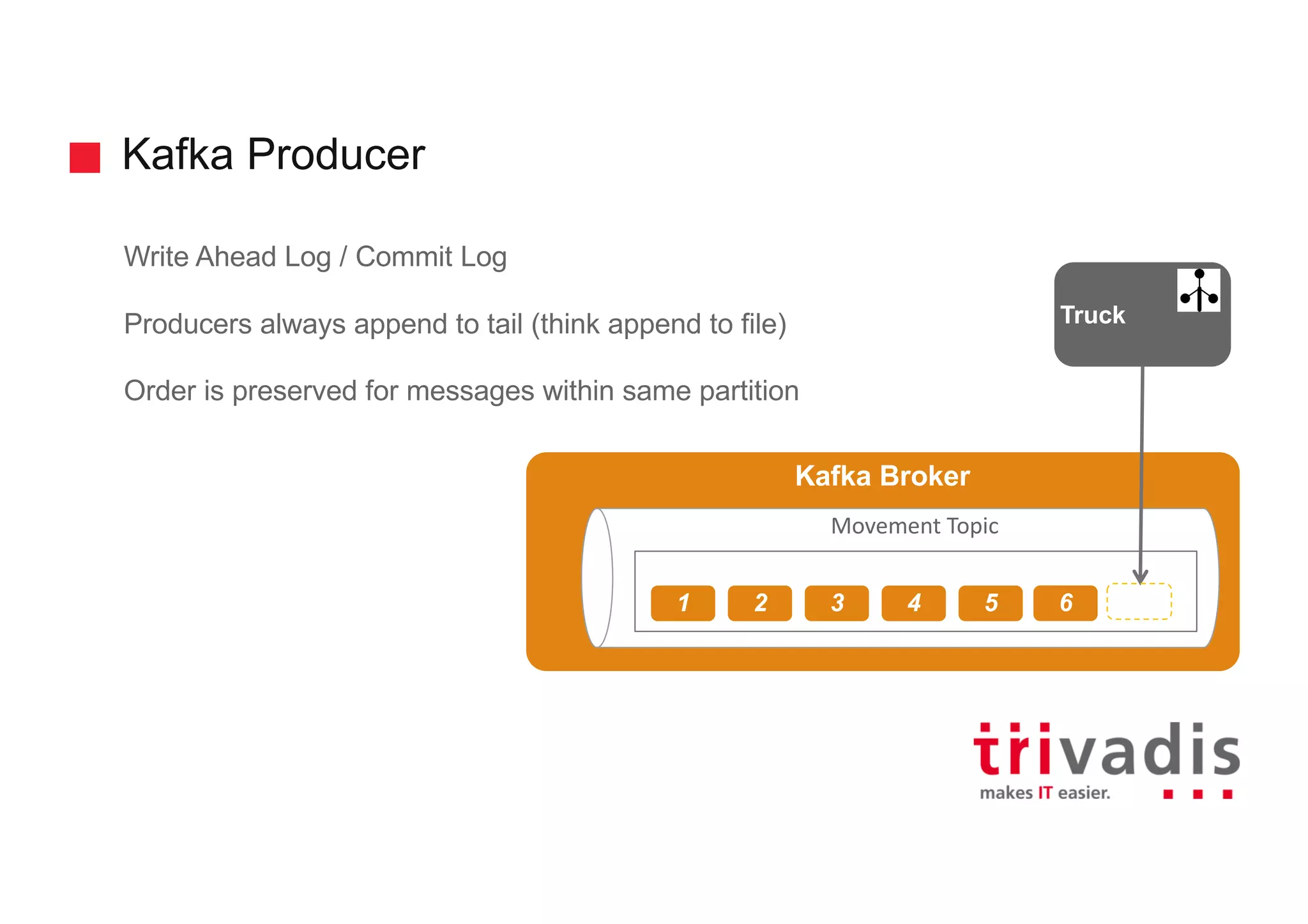 Kafka Producer
Write Ahead Log / Commit Log
Producers always append to tail (think append to file)
Order is preserved for messages within same partition
Kafka Broker
Movement	Topic
1 2 3 4 5
Truck
6 6
 