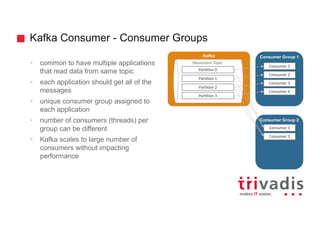 Kafka Consumer - Consumer Groups
• common to have multiple applications
that read data from same topic
• each application should get all of the
messages
• unique consumer group assigned to
each application
• number of consumers (threads) per
group can be different
• Kafka scales to large number of
consumers without impacting
performance
Kafka
Movement	Topic
Partition	0
Consumer Group 1
Consumer	1
Partition	1
Partition	2
Partition	3
Consumer	2
Consumer	3
Consumer	4
Consumer Group 2
Consumer	1
Consumer	2
 