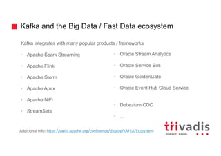 Kafka and the Big Data / Fast Data ecosystem
Kafka integrates with many popular products / frameworks
• Apache Spark Streaming
• Apache Flink
• Apache Storm
• Apache Apex
• Apache NiFi
• StreamSets
• Oracle Stream Analytics
• Oracle Service Bus
• Oracle GoldenGate
• Oracle Event Hub Cloud Service
• Debezium CDC
• …
Additional	Info:	https://cwiki.apache.org/confluence/display/KAFKA/Ecosystem
 