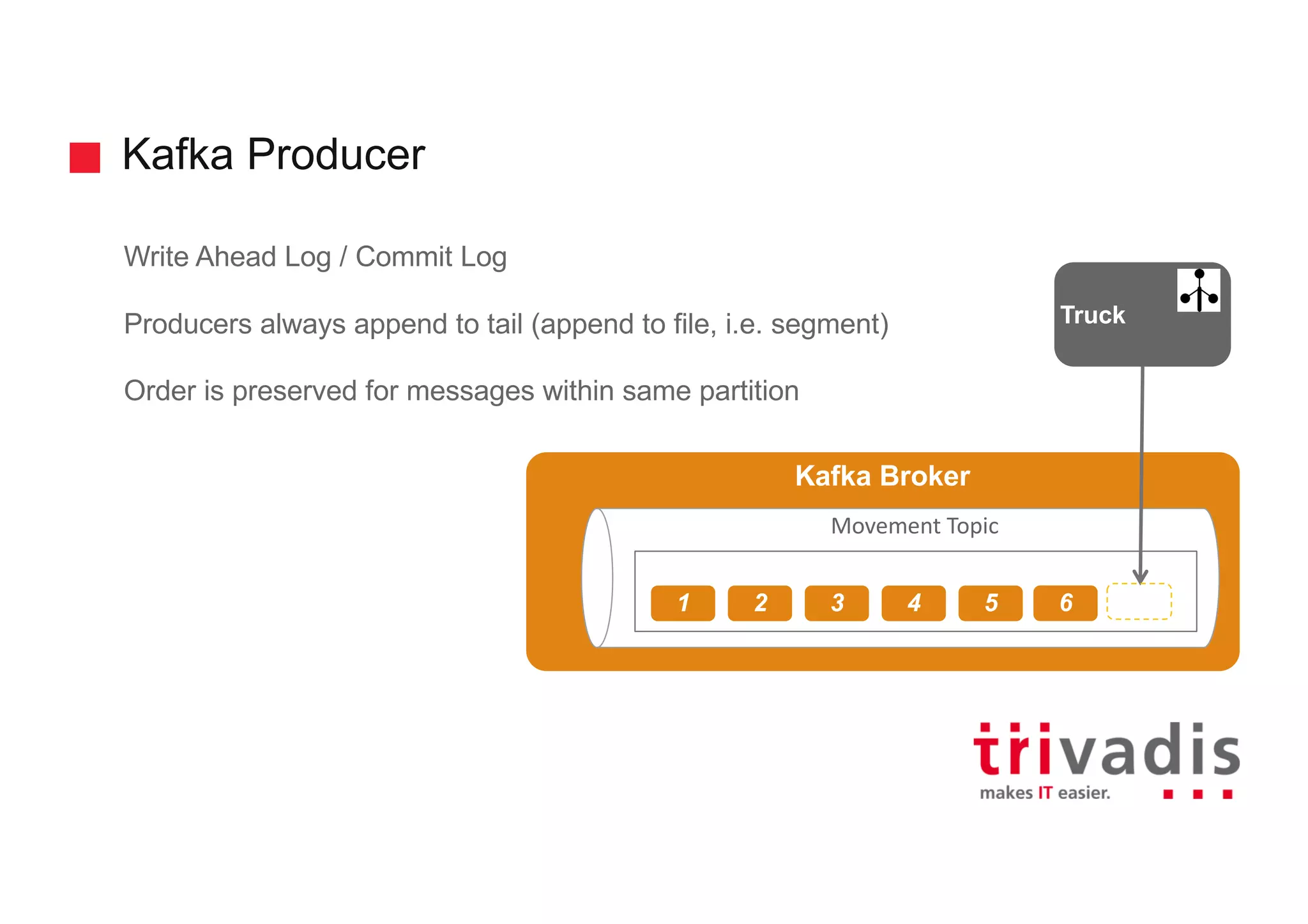 Kafka Producer Write Ahead Log / Commit Log Producers always append to tail (append to file, i.e. segment) Order is preserved for messages within same partition Kafka Broker Movement	Topic 1 2 3 4 5 Truck 6 6 