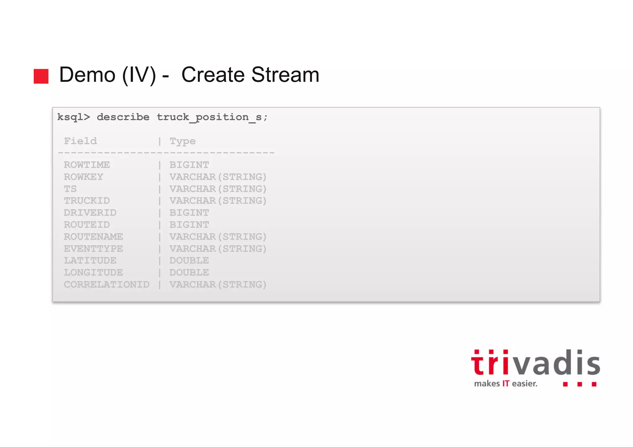 Demo (IV) - Create Stream ksql> describe truck_position_s; Field | Type --------------------------------- ROWTIME | BIGINT ROWKEY | VARCHAR(STRING) TS | VARCHAR(STRING) TRUCKID | VARCHAR(STRING) DRIVERID | BIGINT ROUTEID | BIGINT ROUTENAME | VARCHAR(STRING) EVENTTYPE | VARCHAR(STRING) LATITUDE | DOUBLE LONGITUDE | DOUBLE CORRELATIONID | VARCHAR(STRING) 