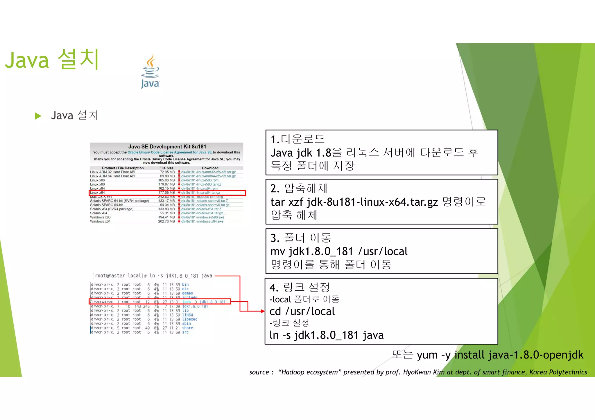 Java 설치
 Java 설치
1.다운로드
Java jdk 1.8을 리눅스 서버에 다운로드 후
특정 폴더에 저장
2. 압축해체
tar xzf jdk-8u181-linux-x64.tar.gz 명령어로
압축 해체
3. 폴더 이동
mv jdk1.8.0_181 /usr/local
명령어를 통해 폴더 이동
4. 링크 설정
-local 폴더로 이동
cd /usr/local
-링크 설정
ln –s jdk1.8.0_181 java
또는 yum –y install java-1.8.0-openjdk
source : “Hadoop ecosystem” presented by prof. HyoKwan Kim at dept. of smart finance, Korea Polytechnics
 