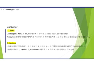 consumer
1.Offsets
ZooKeeper는 Kafka의 0.9.1 릴리스에서 소비자 오프셋을 위한 기본 저장 엔진
Consumer가 얼마나 많은 메시지를 각 소비자가 소비하는지에 대한 모든 정보는 ZooKeeper에 저장됩니다.
2. Registry
공개 분산형 구성 서비스, 동기 서비스 및 대용량 분산 시스템을 위한 네이밍 레지스트리를 제공한다.
하지만 일시적인 zNode이고, consumer가 다운되고 새 프로세스를 등록하면 삭제된다.
참고. Zookeeper의 역할
 