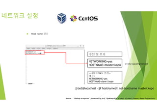 네트워크 설정
 Host name 설정
vi /etc/sysconfig/network
NETWORKING=yes
HOSTNAME=master.kopo
수정 및 추가
--나머지 VM도 변경--
예시)
NETWORKING=yes
HOSTNAME=slave1.kopo
[root@localhost ~]# hostnamectl set-hostname master.kopo
source : “Hadoop ecosystem” presented by prof. HyoKwan Kim at dept. of smart finance, Korea Polytechnics
 
