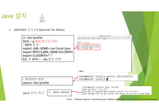 Java 설치
 JAVA Path 설정 ( Optional for Kafka)
vi /etc/profile
Shift + g 제일 밑으로 이동
- PATH 추가 -
export JAVA_HOME=/usr/local/java
export PATH=$JAVA_HOME/bin:$PATH
export CLASSPATH=“.”
Esc 후 shift + : wq 설정 저장
- 환경변수 반영
source /etc/profile
 java -versionjava 설치 확인
source : “Hadoop ecosystem” presented by prof. HyoKwan Kim at dept. of smart finance, Korea Polytechnics
 