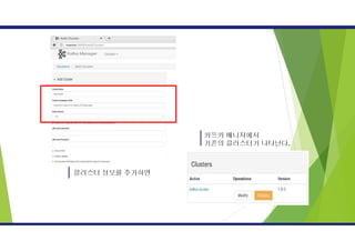 클러스터 정보를 추가하면
카프카 매니저에서
기존의 클러스터가 나타난다.
 