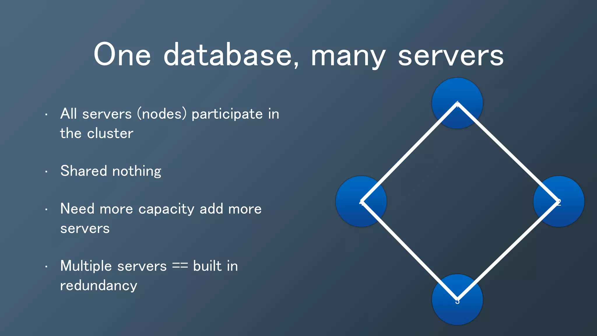 One database, many servers
• All servers (nodes) participate in
the cluster
• Shared nothing
• Need more capacity add more
servers
• Multiple servers == built in
redundancy
1
3
24
 