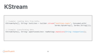 22
// Example: reading data from Kafka
KStream<byte[], String> textLines = builder.stream("textlines-topic", Consumed.with(
Serdes.ByteArray(), Serdes.String()));
// Example: transforming data
KStream<byte[], String> upperCasedLines= rawRatings.mapValues(String::toUpperCase));
KStream
 