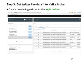Step 3: Get twitter live data into Kafka broker
Data is now being written to the topic twitter.
41
 