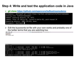 Step 4: Write and test the application code in Java
 git clone https://github.com/opencore/kafkastreamsdemo
 Edit the buzzwords.txt file with your own works and probably one of
the twitter terms that you are watching live:
43
 