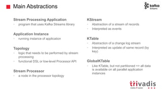 Main Abstractions
Stream Processing Application
• program that uses Kafka Streams library
Application Instance
• running instance of application
Topology
• logic that needs to be performed by stream
processing
• functional DSL or low-level Processor API
Stream Processor
• a node in the processor topology
KStream
• Abstraction of a stream of records
• Interpreted as events
KTable
• Abstraction of a change log stream
• Interpreted as update of same record (by
key)
GlobalKTable
• Like KTable, but not partitioned => all data
is available on all parallel application
instances
 
