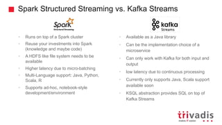 Spark Structured Streaming vs. Kafka Streams
• Runs on top of a Spark cluster
• Reuse your investments into Spark
(knowledge and maybe code)
• A HDFS like file system needs to be
available
• Higher latency due to micro-batching
• Multi-Language support: Java, Python,
Scala, R
• Supports ad-hoc, notebook-style
development/environment
• Available as a Java library
• Can be the implementation choice of a
microservice
• Can only work with Kafka for both input and
output
• low latency due to continuous processing
• Currently only supports Java, Scala support
available soon
• KSQL abstraction provides SQL on top of
Kafka Streams
 