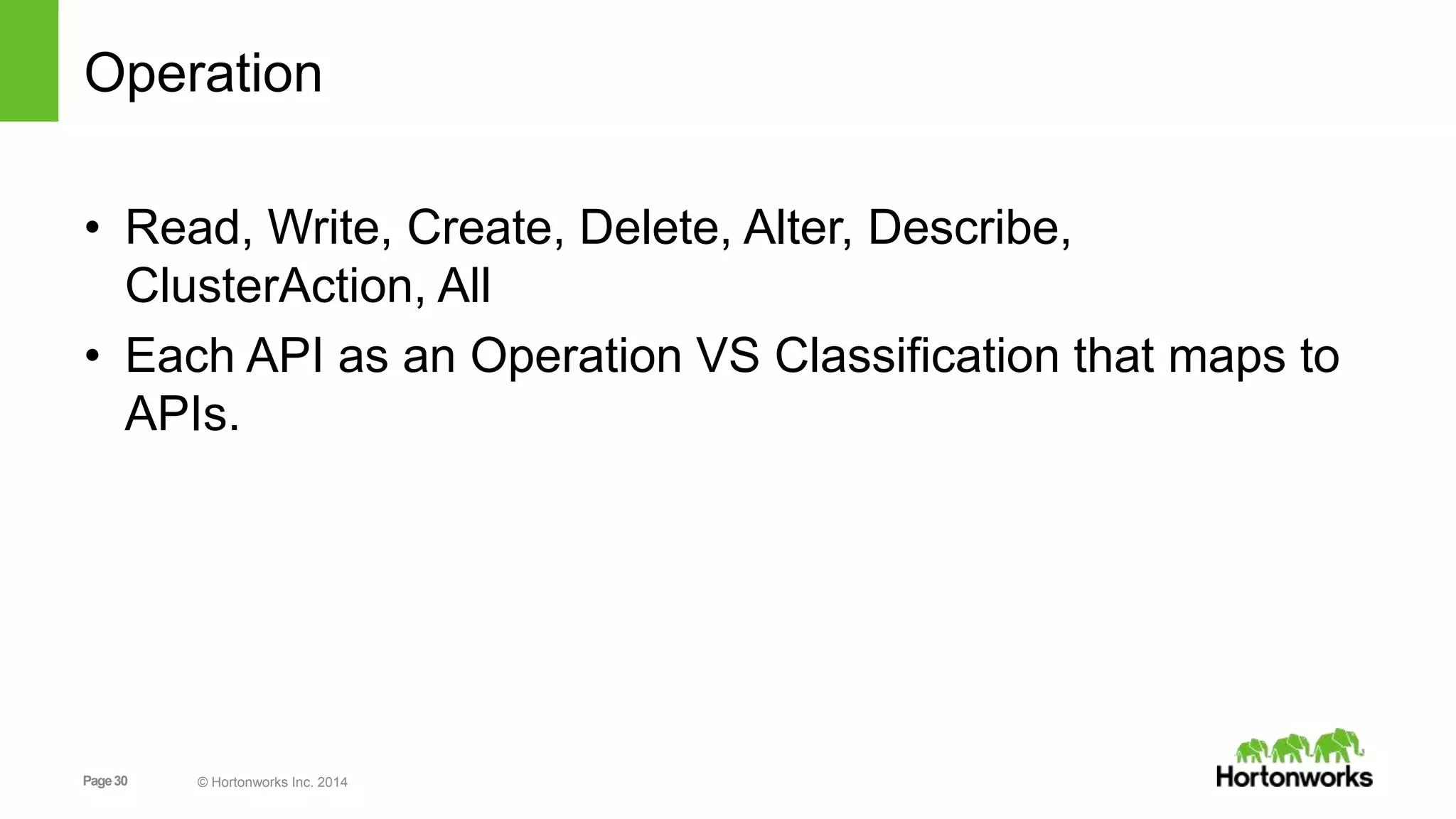 Page30 © Hortonworks Inc. 2014
Operation
• Read, Write, Create, Delete, Alter, Describe,
ClusterAction, All
• Each API as an Operation VS Classification that maps to
APIs.
 