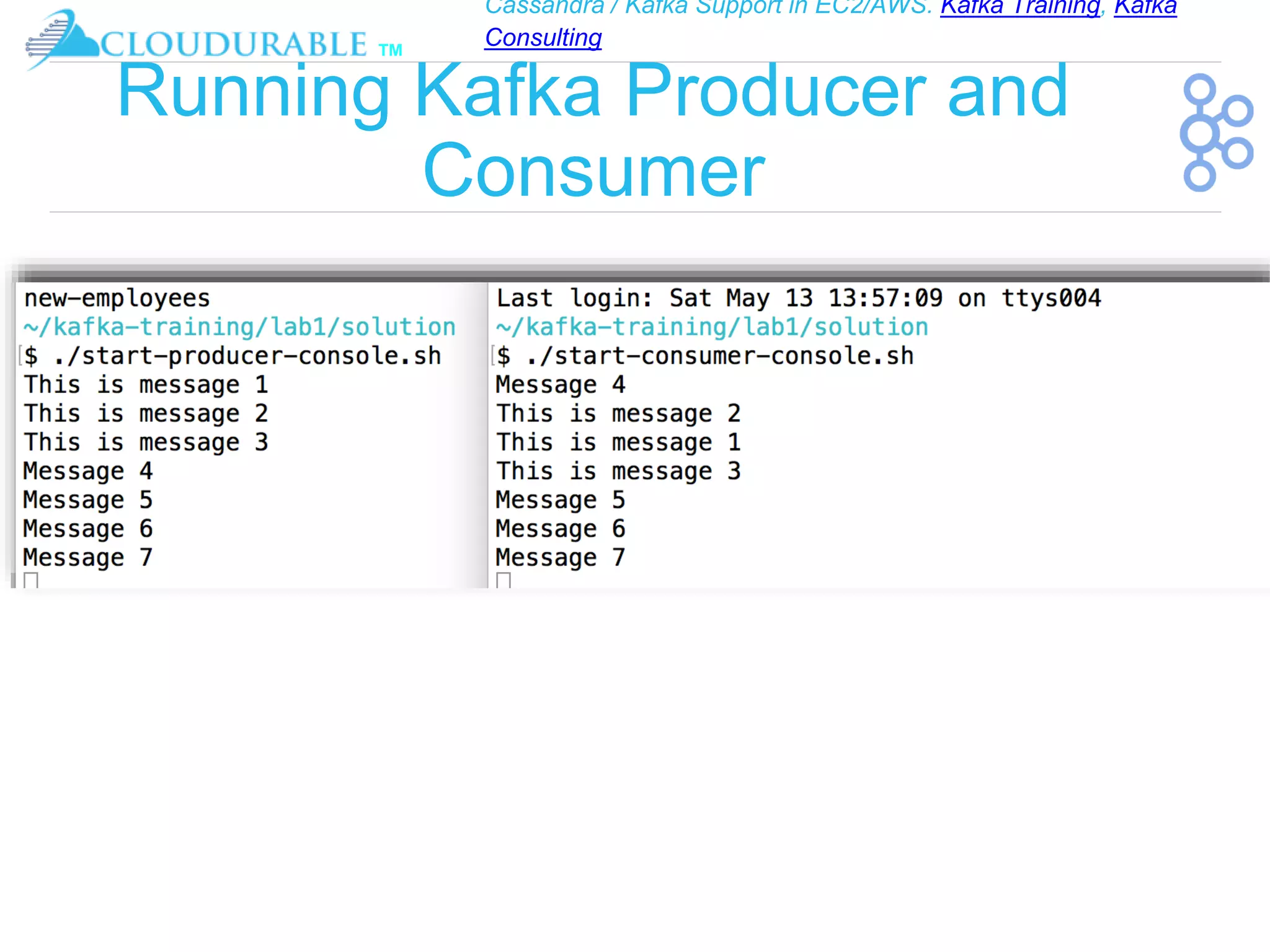 Cassandra / Kafka Support in EC2/AWS. Kafka Training, Kafka
Consulting
™
Running Kafka Producer and
Consumer
 