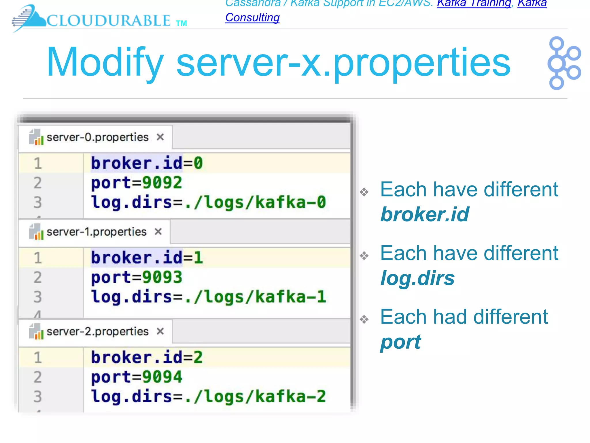 Cassandra / Kafka Support in EC2/AWS. Kafka Training, Kafka
Consulting
™
Modify server-x.properties
❖ Each have different
broker.id
❖ Each have different
log.dirs
❖ Each had different
port
 
