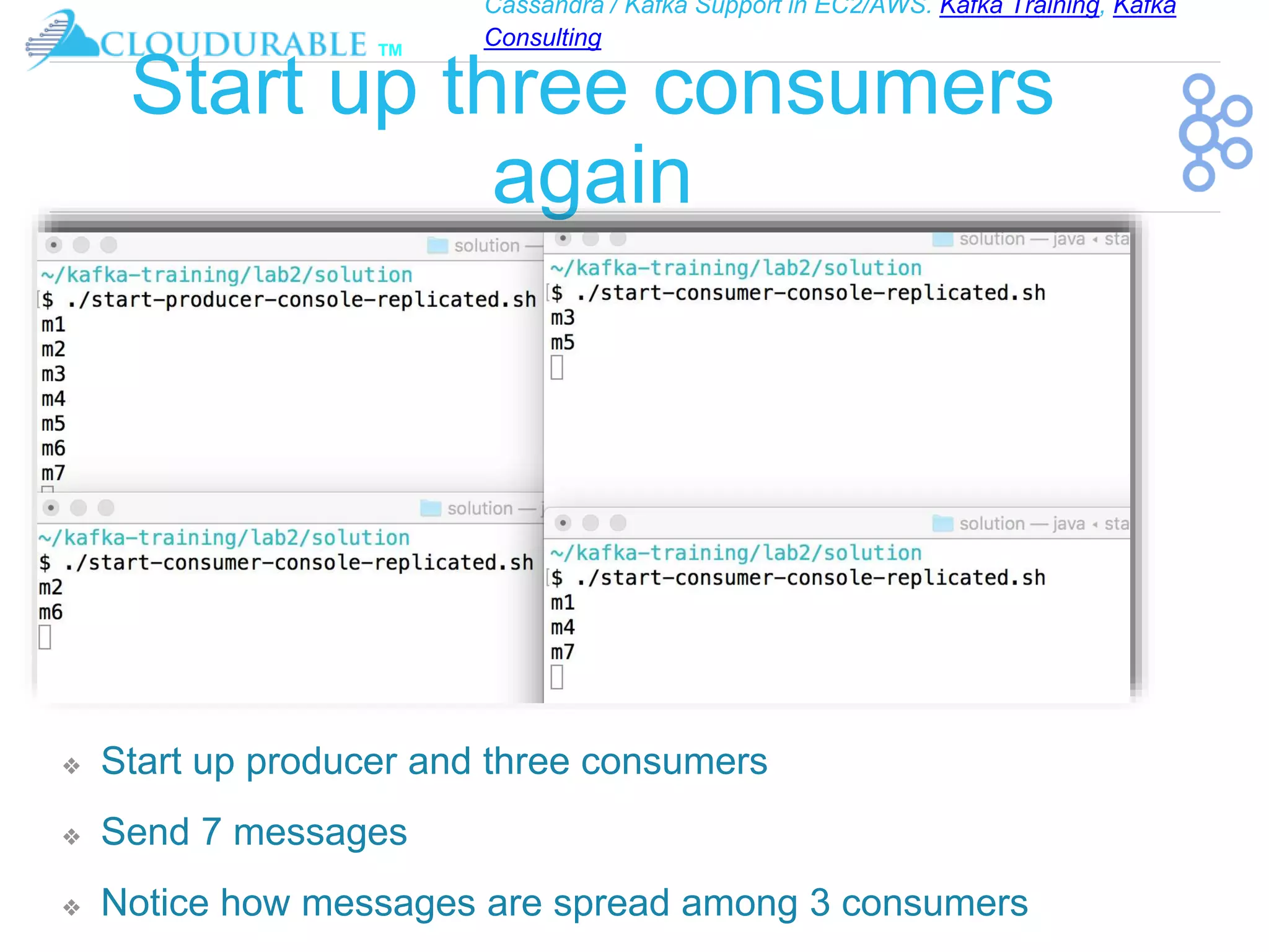 Cassandra / Kafka Support in EC2/AWS. Kafka Training, Kafka
Consulting
™
Start up three consumers
again
❖ Start up producer and three consumers
❖ Send 7 messages
❖ Notice how messages are spread among 3 consumers
 