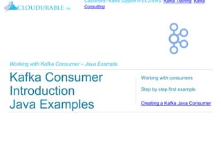 ™
Cassandra / Kafka Support in EC2/AWS. Kafka Training, Kafka
Consulting
Working with Kafka Consumer – Java Example
Kafka Consumer
Introduction
Java Examples
Working with consumers
Step by step first example
Creating a Kafka Java Consumer
 