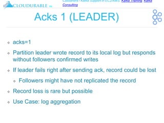 Cassandra / Kafka Support in EC2/AWS. Kafka Training, Kafka
Consulting
™
Acks 1 (LEADER)
❖ acks=1
❖ Partition leader wrote record to its local log but responds
without followers confirmed writes
❖ If leader fails right after sending ack, record could be lost
❖ Followers might have not replicated the record
❖ Record loss is rare but possible
❖ Use Case: log aggregation
 