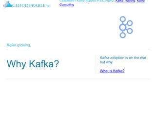 ™
Cassandra / Kafka Support in EC2/AWS. Kafka Training, Kafka
Consulting
Kafka growing
Why Kafka?
Kafka adoption is on the rise
but why
What is Kafka?
 