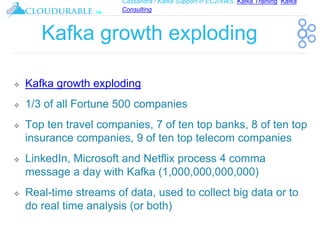 Cassandra / Kafka Support in EC2/AWS. Kafka Training, Kafka
Consulting
™
Kafka growth exploding
❖ Kafka growth exploding
❖ 1/3 of all Fortune 500 companies
❖ Top ten travel companies, 7 of ten top banks, 8 of ten top
insurance companies, 9 of ten top telecom companies
❖ LinkedIn, Microsoft and Netflix process 4 comma
message a day with Kafka (1,000,000,000,000)
❖ Real-time streams of data, used to collect big data or to
do real time analysis (or both)
 