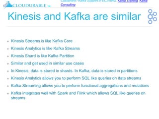 Cassandra / Kafka Support in EC2/AWS. Kafka Training, Kafka
Consulting
™
Kinesis and Kafka are similar
❖ Kinesis Streams is like Kafka Core
❖ Kinesis Analytics is like Kafka Streams
❖ Kinesis Shard is like Kafka Partition
❖ Similar and get used in similar use cases
❖ In Kinesis, data is stored in shards. In Kafka, data is stored in partitions
❖ Kinesis Analytics allows you to perform SQL like queries on data streams
❖ Kafka Streaming allows you to perform functional aggregations and mutations
❖ Kafka integrates well with Spark and Flink which allows SQL like queries on
streams
 