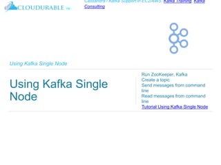 ™
Cassandra / Kafka Support in EC2/AWS. Kafka Training, Kafka
Consulting
Using Kafka Single Node
Using Kafka Single
Node
Run ZooKeeper, Kafka
Create a topic
Send messages from command
line
Read messages from command
line
Tutorial Using Kafka Single Node
 