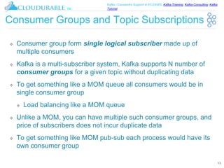 ™
Kafka / Cassandra Support in EC2/AWS. Kafka Training, Kafka Consulting, Kafka
Tutorial
Consumer Groups and Topic Subscriptions
❖ Consumer group form single logical subscriber made up of
multiple consumers
❖ Kafka is a multi-subscriber system, Kafka supports N number of
consumer groups for a given topic without duplicating data
❖ To get something like a MOM queue all consumers would be in
single consumer group
❖ Load balancing like a MOM queue
❖ Unlike a MOM, you can have multiple such consumer groups, and
price of subscribers does not incur duplicate data
❖ To get something like MOM pub-sub each process would have its
own consumer group
13
 
