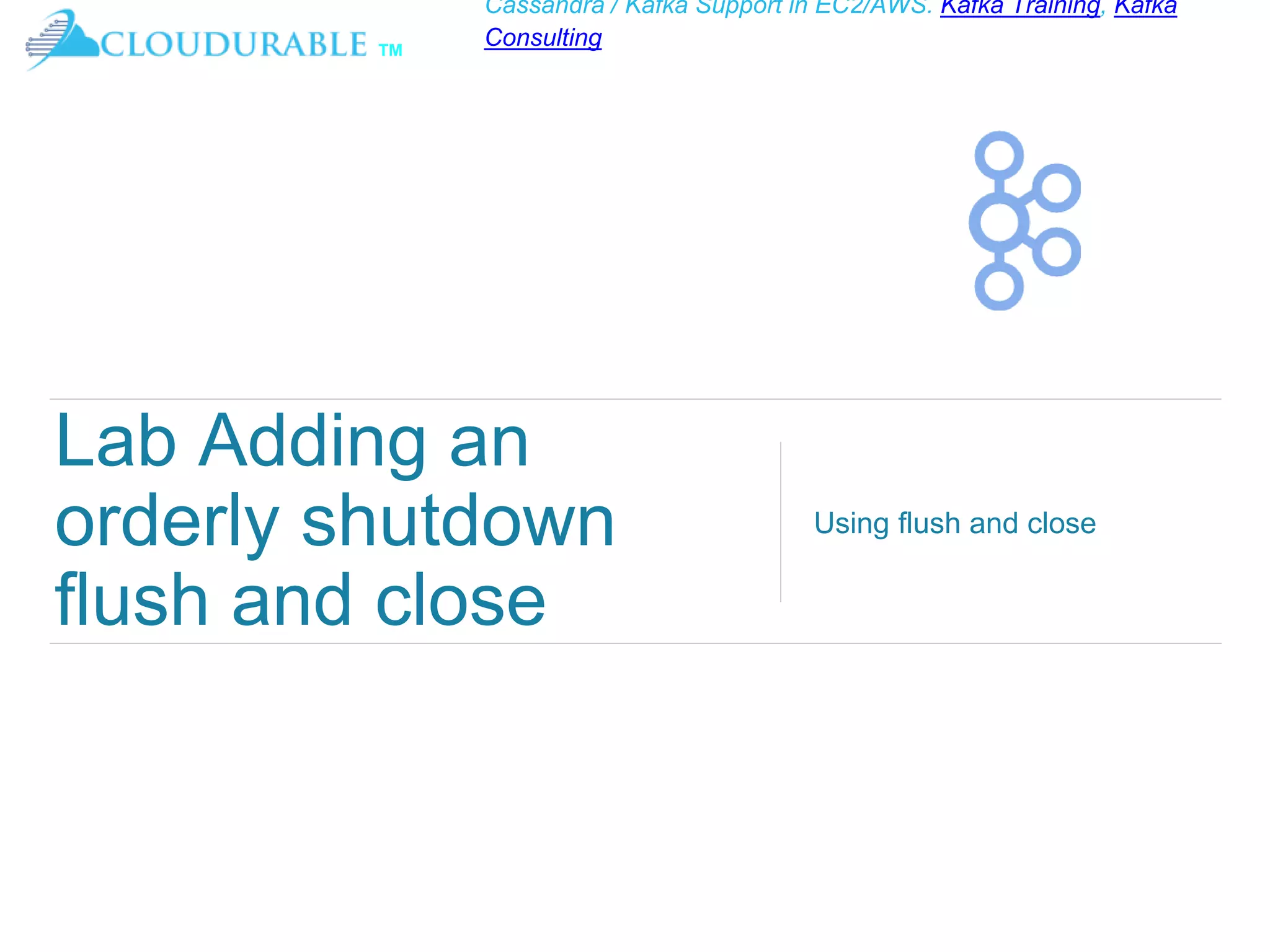 ™
Cassandra / Kafka Support in EC2/AWS. Kafka Training, Kafka
Consulting
Lab Adding an
orderly shutdown
flush and close
Using flush and close
 