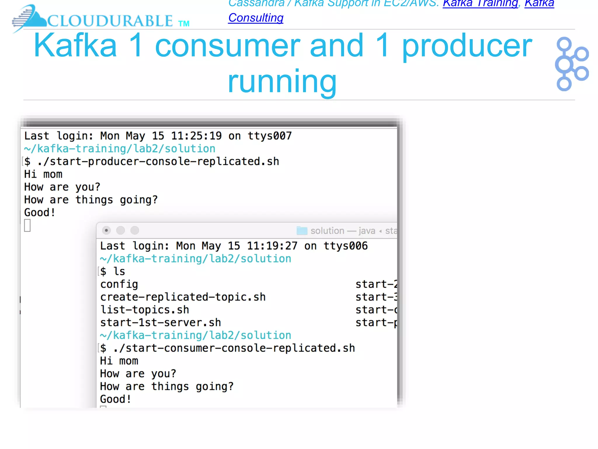 Cassandra / Kafka Support in EC2/AWS. Kafka Training, Kafka
Consulting
™
Kafka 1 consumer and 1 producer
running
 