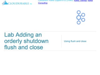 ™
Cassandra / Kafka Support in EC2/AWS. Kafka Training, Kafka
Consulting
Lab Adding an
orderly shutdown
flush and close
Using flush and close
 