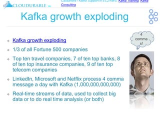 Cassandra / Kafka Support in EC2/AWS. Kafka Training, Kafka
Consulting
™
Kafka growth exploding
❖ Kafka growth exploding
❖ 1/3 of all Fortune 500 companies
❖ Top ten travel companies, 7 of ten top banks, 8
of ten top insurance companies, 9 of ten top
telecom companies
❖ LinkedIn, Microsoft and Netflix process 4 comma
message a day with Kafka (1,000,000,000,000)
❖ Real-time streams of data, used to collect big
data or to do real time analysis (or both)
4
comma
s!
 