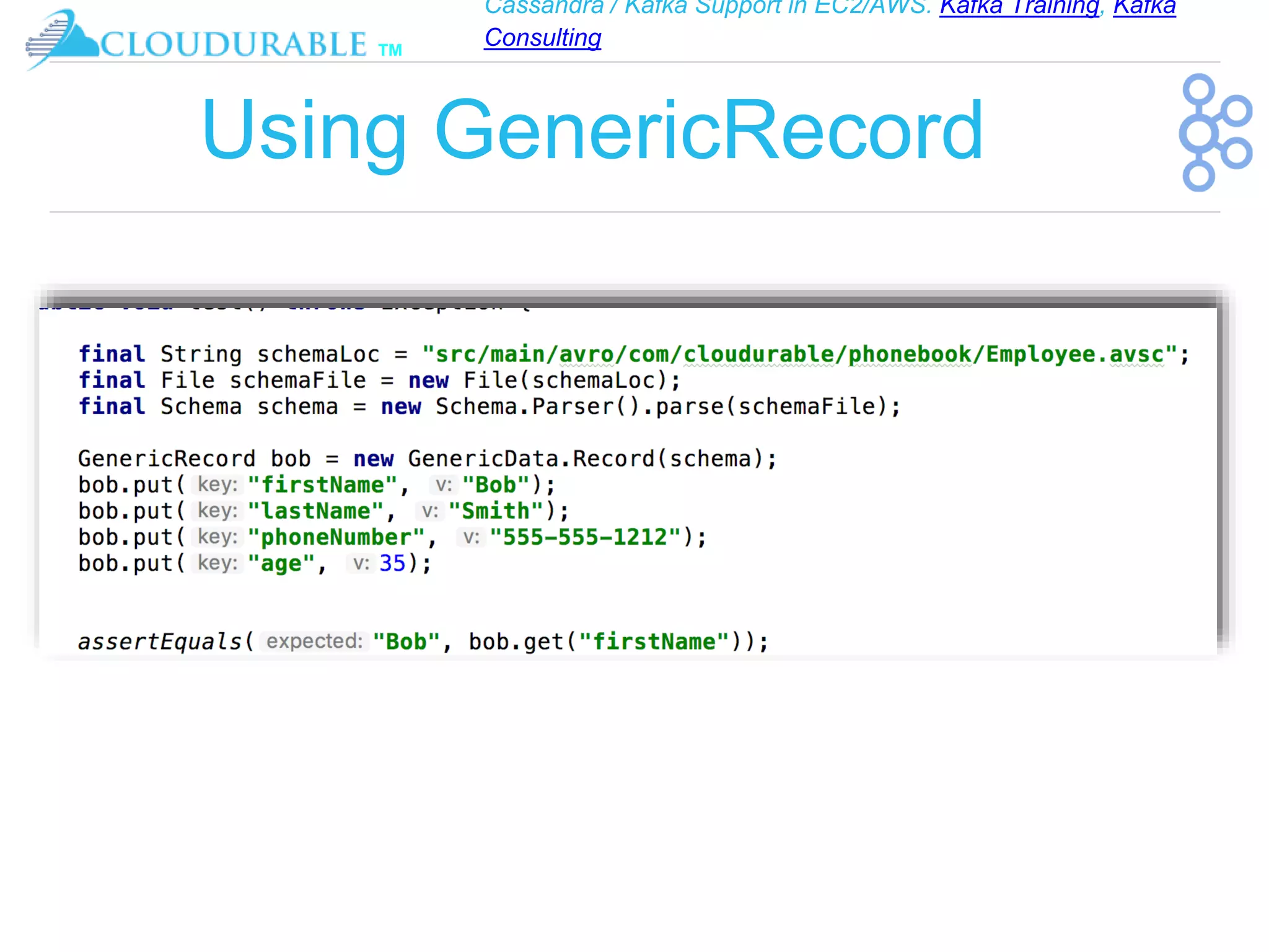 Cassandra / Kafka Support in EC2/AWS. Kafka Training, Kafka
Consulting
™
Using GenericRecord
 