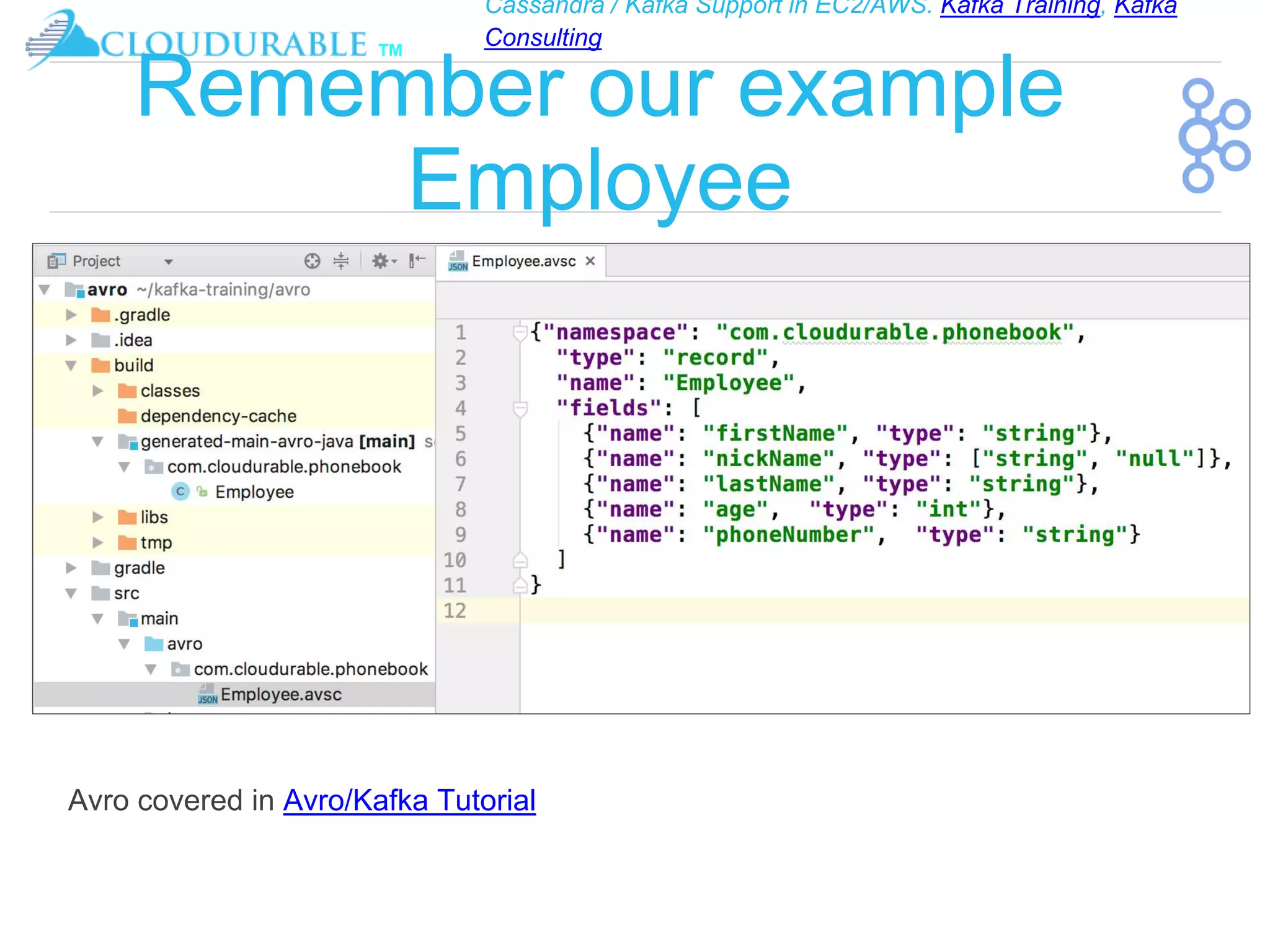 Cassandra / Kafka Support in EC2/AWS. Kafka Training, Kafka
Consulting
™
Remember our example
Employee
Avro covered in Avro/Kafka Tutorial
 